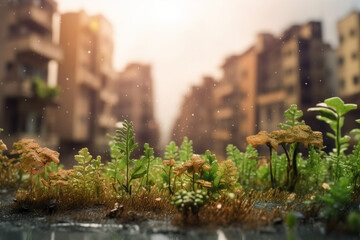 Acid rain damaging plants and buildings, Climate change and environmental degradation, climate change, pollution, bokeh Generative AI