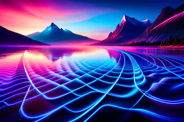 Obraz premium An electric neon light abstract background, with pulsating waves of light, intricate patterns, and vibrant color combinations