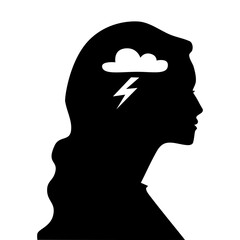 Mental health problems concept. Black and white female profile with a thunderstorm and lightning in head. Modern illustration of cartoon character flat style isolated on white