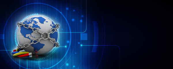 3d rendering Fiber optical cable detail connected globe with lock