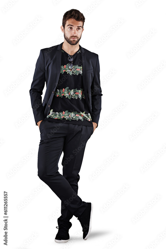 Wall mural Fashion, thinking and a creative business man isolated on a transparent, png background. Professional model person from Brazil with an idea, aesthetic style and vision or designer brand clothes - Wall murals