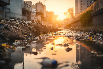 Dirty and polluted river running through an urban area, Climate change and environmental degradation, climate change, pollution, bokeh Generative AI