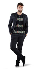 Fashion, thinking and a creative business man isolated on a transparent, png background. Professional model person from Brazil with an idea, aesthetic style and vision or designer brand clothes