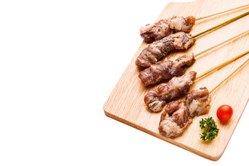 Top view of delicious grilled beef steak on plate on white background