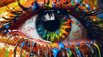 Fototapeta premium Human eye close up with colorful paint. Generative Ai