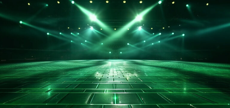 Green spotlights shine on stage floor in dark room. Generative Ai