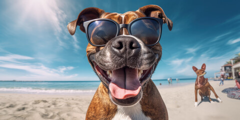 Dog Days at the Beach: Adorable Boxer with a Funny, Smiling Face and Cool Sunglasses. Generative AI
