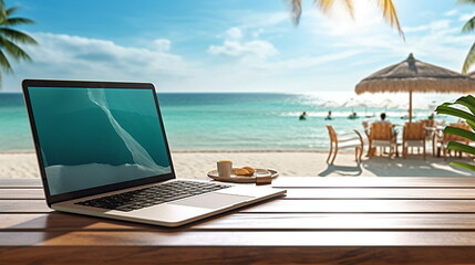 laptop on wooden table on the beach tropical sea vacation resort internet connection pc online job ,generated ai