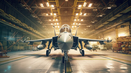 Military aircraft stands in the hangar. Generative Ai