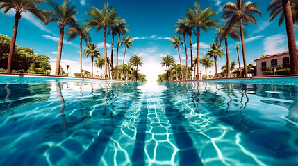 Fototapeta na wymiar Swimming pool in beautiful scenery, swimming pool in a luxury hotel, relax. Ai illustration, fantasy digital painting, Generative AI