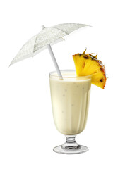 Naklejka na ściany i meble Glass cup of coconut and pineapple smoothie or Piña colada with small umbrella and pineapple slice on cutout PNG transparent background. Generative AI