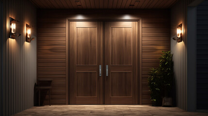 Modern brown wooden entry door. Generative Ai