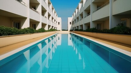 Stock photo of swimming pool on the apartment village view, without text - generative AI