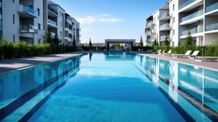 Fototapeta na wymiar Stock photo of swimming pool on the apartment village view, without text - generative AI