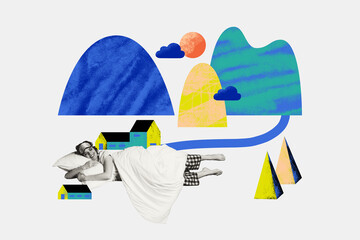 Creative composite abstract 3d concept collage photo of satisfied good mood girl sleeping cuddle...