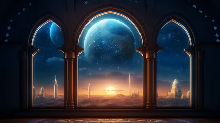 Mystical window with moon in night sky. Generative Ai