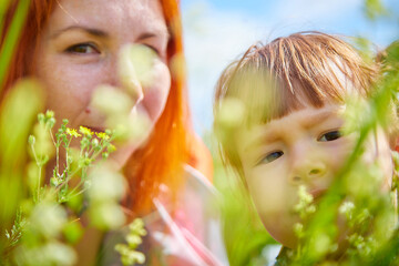 Happy female family with mother and daughter on green and yellow meadow full of grass and flower. Woman with red hair and blonde girl having fun, joy and hugs in sunny summer day. Concept family love