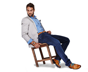 Thinking, corporate and a businessman on a chair in fashion isolated on a transparent png...