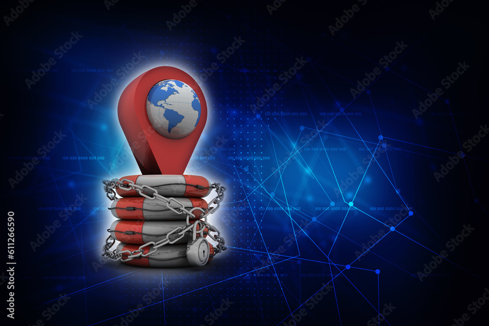 Poster 3d rendering red map pointer in life belt protection lock