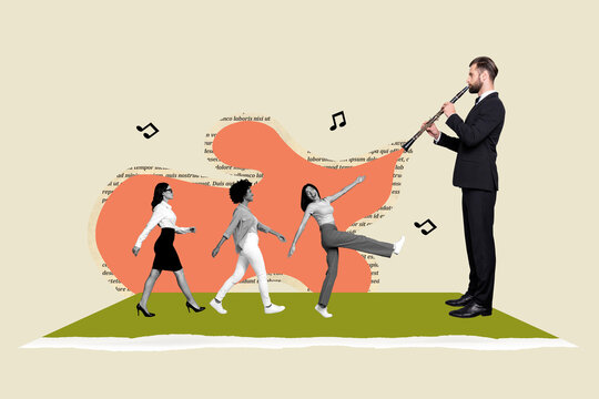 Creative concept composite template collage photo of man playing on flute invite people to work isolated on beige color background