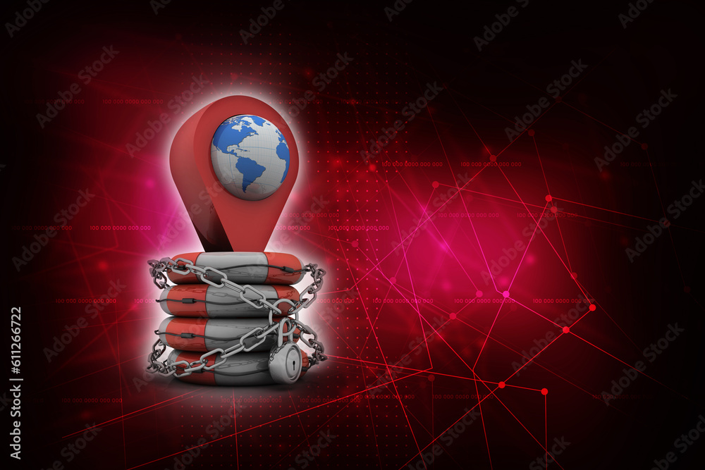 Poster 3d rendering red map pointer in life belt protection lock
