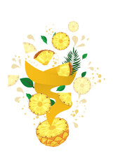 pieces of pineapple fly out of the cut pineapple. splash of pineapple juice, pineapple leaves and pieces