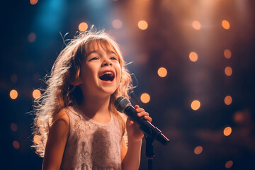 young adorable girl singing on stage with blurry light background, generative ai - obrazy, fototapety, plakaty