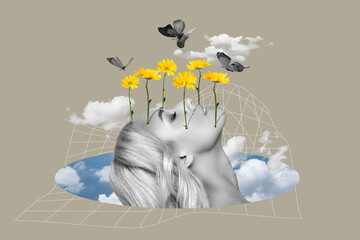 Collage picture of black white colors peaceful girl face fresh flowers butterfly clouds sky isolated on grey background - obrazy, fototapety, plakaty