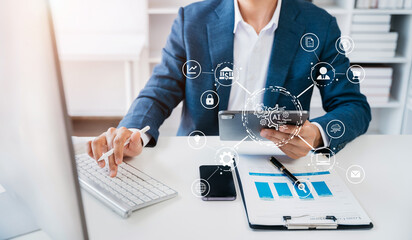 Digital transformation technology strategy, man using laptop, tablet and smartphone with of things. transformation of ideas and the adoption.