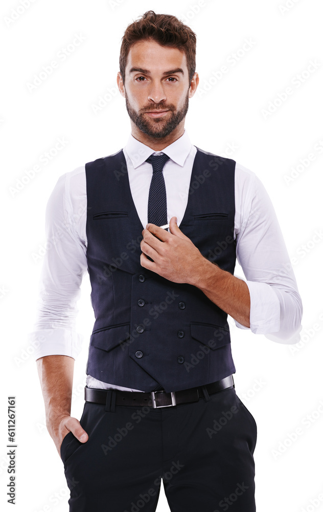 Poster portrait, fashion and a suave gentleman in formal clothes isolated on a transparent background for s