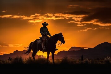 A silhouette of a cowboy riding against a vibrant sunset, capturing the beauty and solitude of the Western frontier. Generative Ai