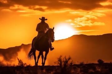 A silhouette of a cowboy riding against a vibrant sunset, capturing the beauty and solitude of the Western frontier. Generative Ai