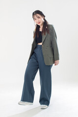 Portrait isolated cutout full body studio shot Asian young female fashion model with pigtails...
