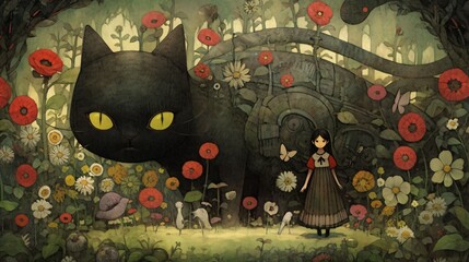 Lofi cat in a flower garden, anime manga style illustration
