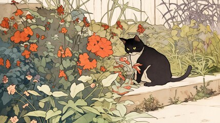 Lofi cat in a flower garden, anime manga style illustration