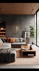 Close Up of an Elegant Couch in a Spacious Loft Living Room with Industrial Accents