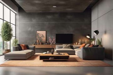 Details of a Chic Sofa, the Centerpiece of a Contemporary Loft Living Room with High Ceilings and Exposed Beams.