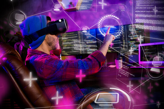 Modern social network global world hi tech young man using holographic technologies for coding programming use vr goggles collage