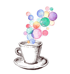 Art Sketch Coffee Cup Bubbles Hand Drawn Illustration. Digital Artwork. Watercolor and ink.