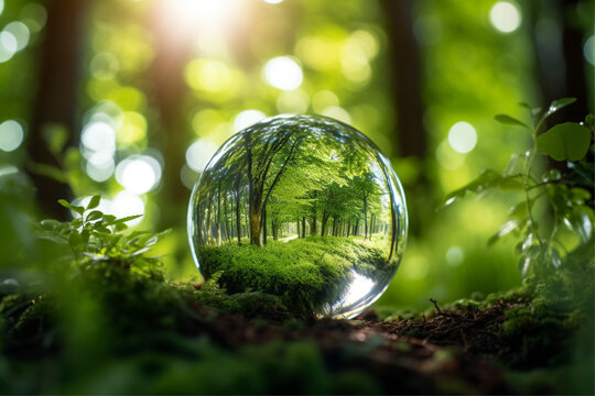 Glass ball in green forest on the theme of corporate environment Community technology and governance for business, ai generative
