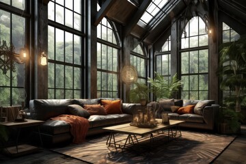 Obraz na płótnie Canvas Wide Angle View of a Sophisticated Loft Living Room Showcasing Big Windows and Contemporary Urban Design.