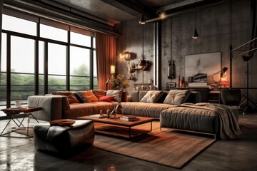 Details of a Luxurious Loft Living Room with Modern Furnishings and Open Floor Plan.