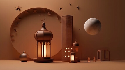 arabia sahara lantern and moon setup for greeting ramadan or eid mubarak cards-- AI generator