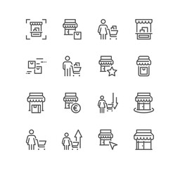 Set of shop management related icons, increase sales, supermarket, boutique, showroom building and linear variety symbols.