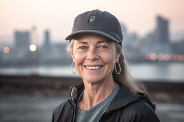 Medium shot portrait photography of a grinning mature woman wearing a cool cap against a city skyline background. With generative AI technology - obrazy, fototapety, plakaty