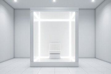 Fototapeta premium Empty white goods and services glass expo trade show booth for product display Generative AI