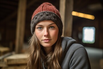 Environmental portrait photography of a glad girl in her 30s wearing a warm beanie or knit hat against a rustic barn background. With generative AI technology