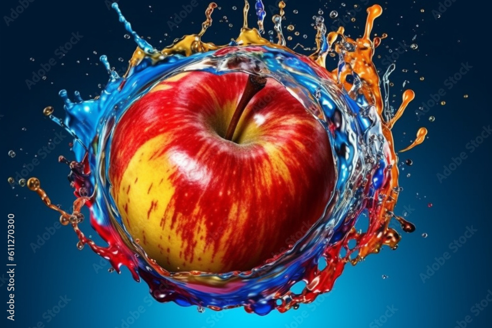 Poster a vibrant photograph apple splashed in bright paint, symbolizing freshness and health. generative ai