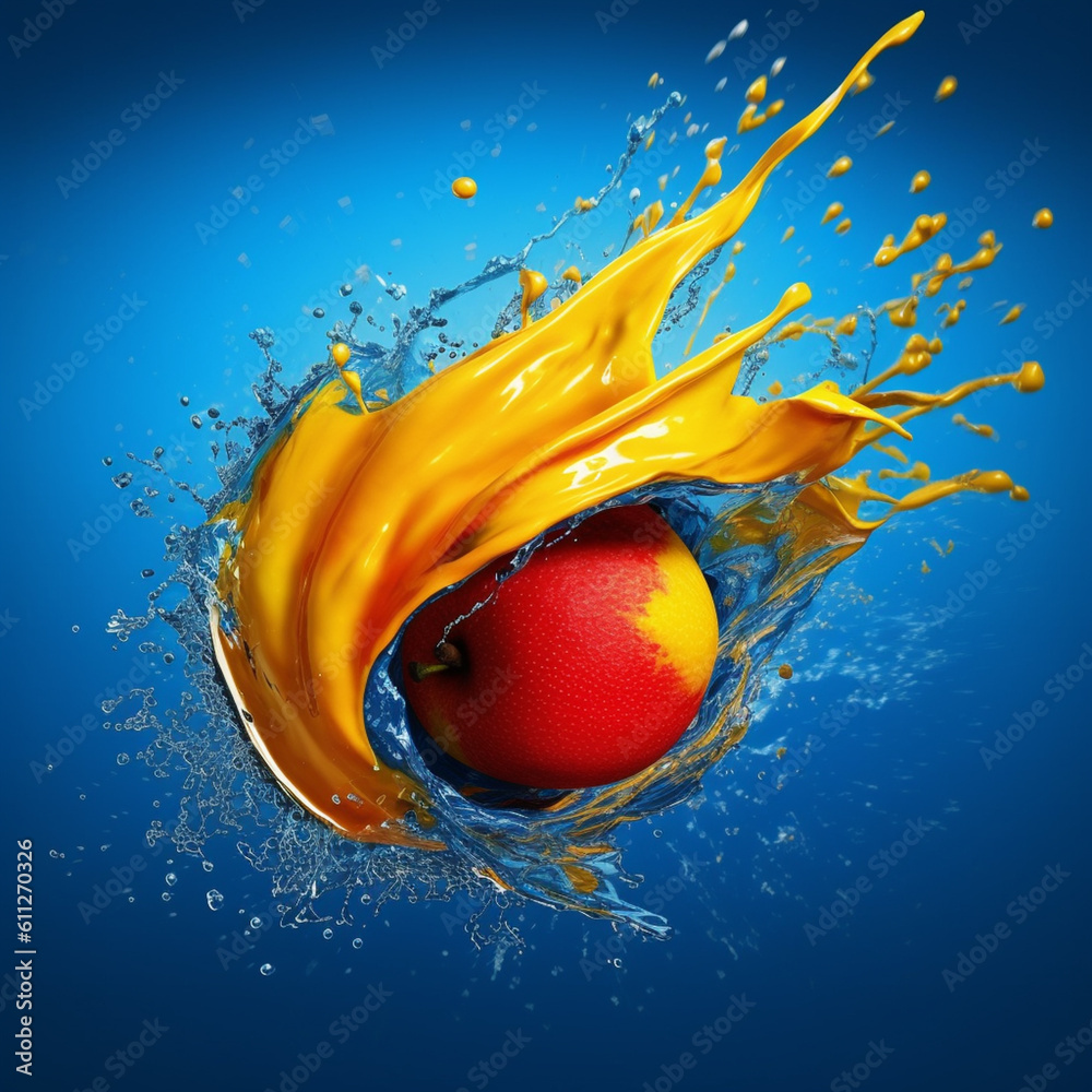 Poster An vibrant image of a Mango splashed in bright paint, symbolizing freshness and health.  Generative AI technology.
