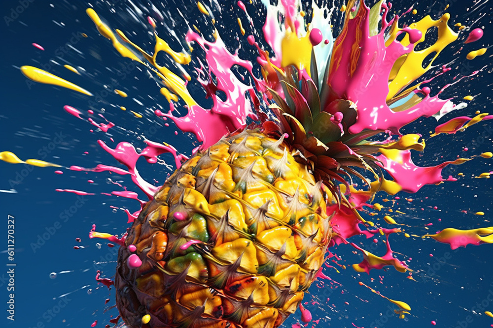 Poster an abstract surreal photograph of a pineapple splashed in bright paint, symbolizing freshness and he